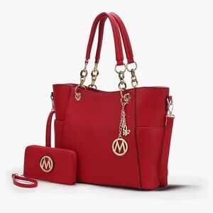 ~Michael Kors-Esque Red Tote Bag & Wallet Set w/Gold Tone “M” Hardware~